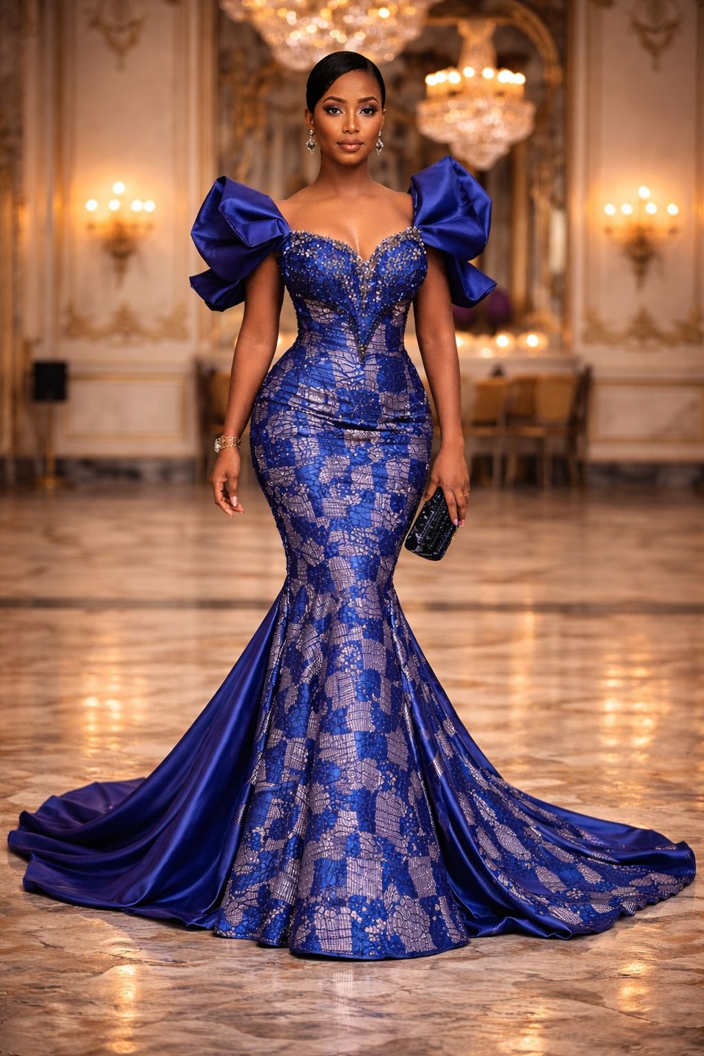 Woman in a blue lace evening gown standing in an opulent room with chandeliers.