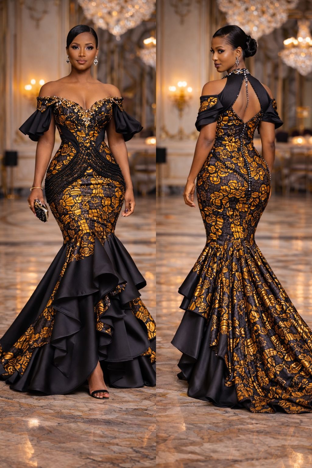Woman wearing a black and gold dress in an elegant interior setting